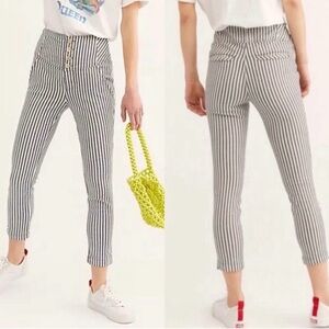 Free People Size 0 Frankie navy white striped button fly yoke waist ankle pants